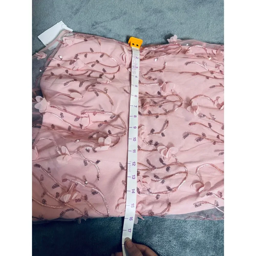 NWT Dessy SHEER HALTER NECK 3D FLORAL EMBROIDERED DRESS HIGH-LOW HEM Pink SZ 12 - Picture 10 of 12